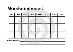 Weekly planner in german, blank template. Vector digital planner illustration design new