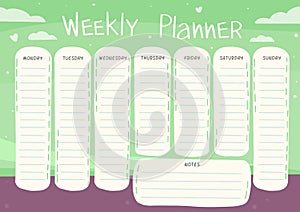 Weekly planner green in cartoon style. Vector