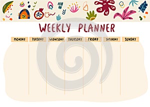 Weekly planner jungle. Planner with abstract and tropical leaves. Template for sticky notes, planners, check lists, journal and