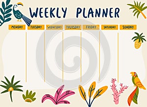 Weekly planner jungle. Planner with parrots and tropical leaves. Template for sticky notes, planners, check lists, journal and