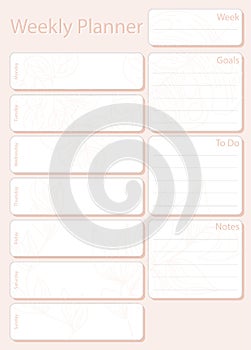 Weekly planner leaf in light pink color without dates, week starts on Monday