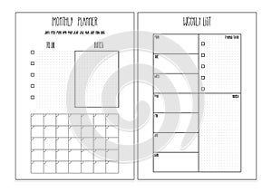 Weekly planner, monthly planner printable pages. Vector organizer template