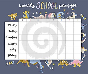 Weekly and daily planner page design template children calendar. Cute hand drawn little dino characters. Pastel colors. Back to