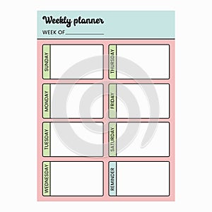 Weekly planner page with reminders. Weekly notes page. Vector illustration.