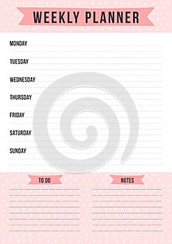 Weekly planner with place for notes. Layout sheet with place for notes.