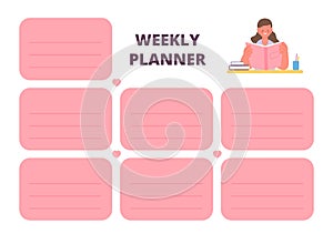 Weekly planner printable template. Empty planning week page for kids and adults with days stickers. Cute cartoon girl at