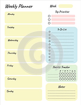 Weekly planner printable template Vector. Blank white notebook page Letter format. Business organizer schedule page for