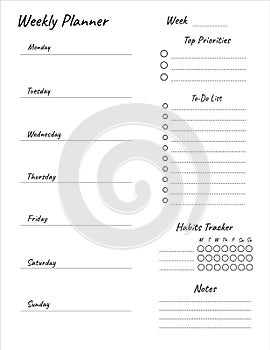Weekly planner printable template Vector. Blank white notebook page Letter format. Business organizer schedule page