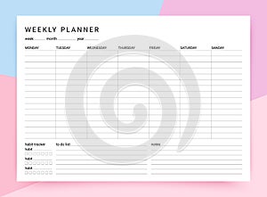 Weekly planner. Schedule homework template. Vector illustration