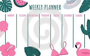 Weekly planner, school scheduler, organizer or to-do list with handwritten lettering and cute summer tropical hand drawn doodle
