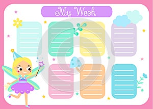 Weekly planner, school timetable template with cute flying fairy. Kids schedule vector design for children