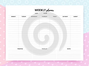 Weekly planner. Simple timetable template. Vector illustration