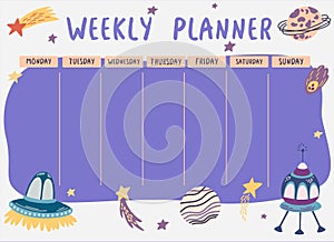 Weekly planner space. Planner with spaceships, stars and planets. Template for sticky notes, planners, check lists, journal and