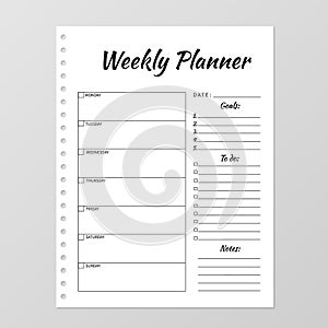 Weekly planner template. Blank white notebook page isolated on grey. Organizer page. Paper sheet. Stationery for education, office