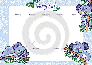 Weekly and daily planner template. Organizer and schedule with notes. Koalas and eucalyptus