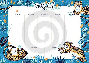 Weekly and daily planner template. Organizer and schedule with notes. Tigers in the jungle.