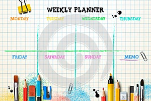 Weekly planner template. Organizer and schedule with place for Memo
