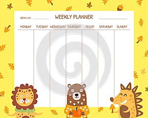 Weekly Planner Template, School Timetable Design with Cute Animals Vector Illustration