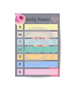 Weekly planner template. To do list for weekdays on different color design template