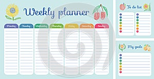 Weekly planner. Vector hand drawn design. Pencil drawing. Sunflower and cherry. Monday, Tuesday, Wednesday, Thursday
