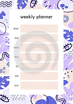 Weekly planners page template. Daily plan, schedule for week. Organizers paper design with list from Monday till Sunday