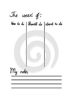 Weekly planning, blank template. Vector digital planner illustration design new