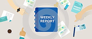 weekly report reviewing performance company office analysis progress data disclosing information profit finance growth photo