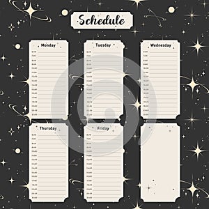 Weekly schedule planner with a celestial theme featuring starry sky, planets, and cosmic elements Vector