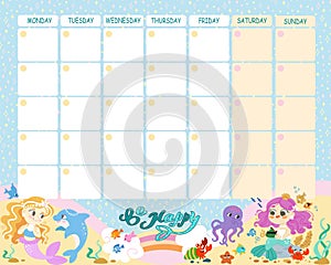 Weekly schedule vector template for school with cute mermaids vector