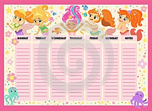 Weekly schedule vector template for school with mermaids vector