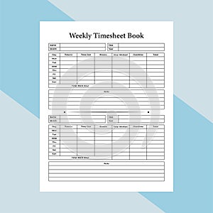 Weekly timesheet KDP interior journal. Office worker daily incoming and outgoing time management notebook. KDP interior logbook.