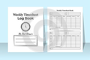 Weekly timesheet log book KDP interior. Business and office employee time management journal template. KDP interior notebook.