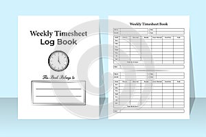 Weekly timesheet log book KDP interior. Business and office employee time management journal template. KDP interior notebook. photo