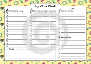 Weekly Work Planner with Task Checklist and Notes