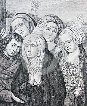 Weeping people by Hugues van Der Goes engraved in a vintage book History of Painters, author Jules Benouard, 1864, Paris