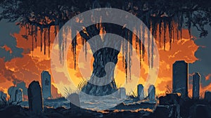 Weeping Willow Tree at Sunset Over Graveyard