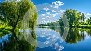 Weeping willow trees drape gracefully over tranquil riverbank, their flowing branches reflected perfectly in water beneath. AI gen