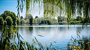 Weeping willow trees and still lake in nature