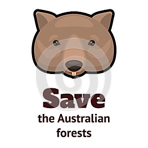 Weeping wombat icon and the inscription Save the Australian Forests. Cartoon vector illustration