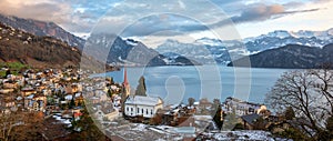 Weggis village on Lake Lucerne, swiss Alps mountains, Switzerland