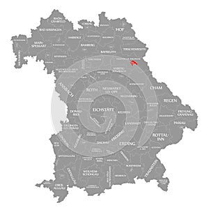 Weiden in der Oberpfalz county red highlighted in map of Bavaria Germany