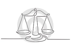 Weight balance symbol in continuous one line drawing. Libra or law identity isolated on white background. Scales of justice drawn