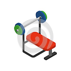 Weight bench with barbell icon, isometric 3d style