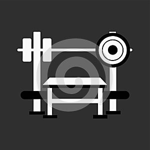 A weight bench with a barbell in a minimalist black and white setting, Weight bench and squat rack ensemble, minimalist simple