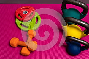 Weight dumbbells sport rod red yellow blue metal health, from gym body in mat for shiny towel, trainer beauty. Muscular