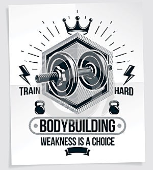 Weight-lifting vector motivation poster composed using disc weight dumbbell and kettle bell sport equipment. Weakness is a choice