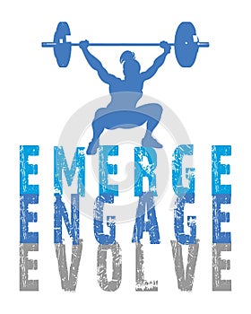 Weight lifting woman silhouette with the text Emerge Engage Evolve