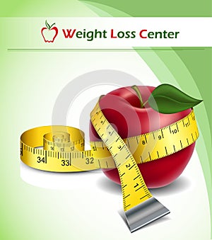 Weight loss background with apple and tape measure