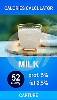 Weight loss concept. Calories calculator app with image of milk and its caloric content