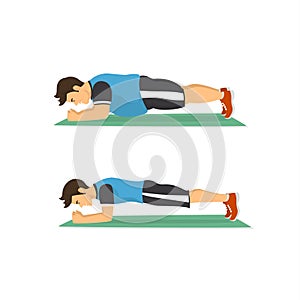 Weight loss concept, fat man exercising training in plank pose, before and after body mass index